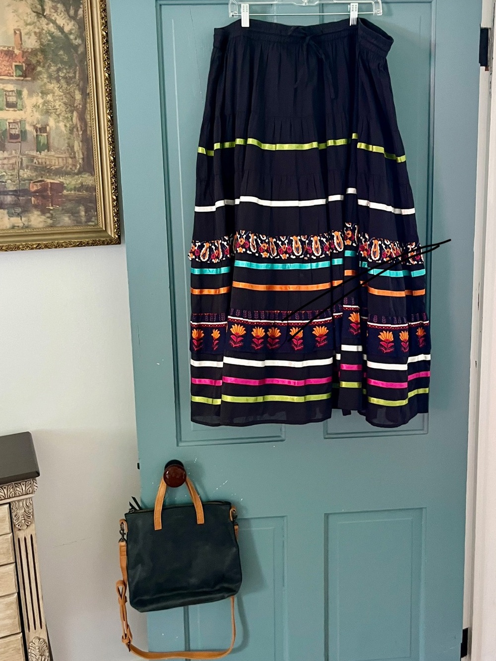 The Pyramid Collection Black Tiered Maxi Skirt with Neon Stripe Embroidery
